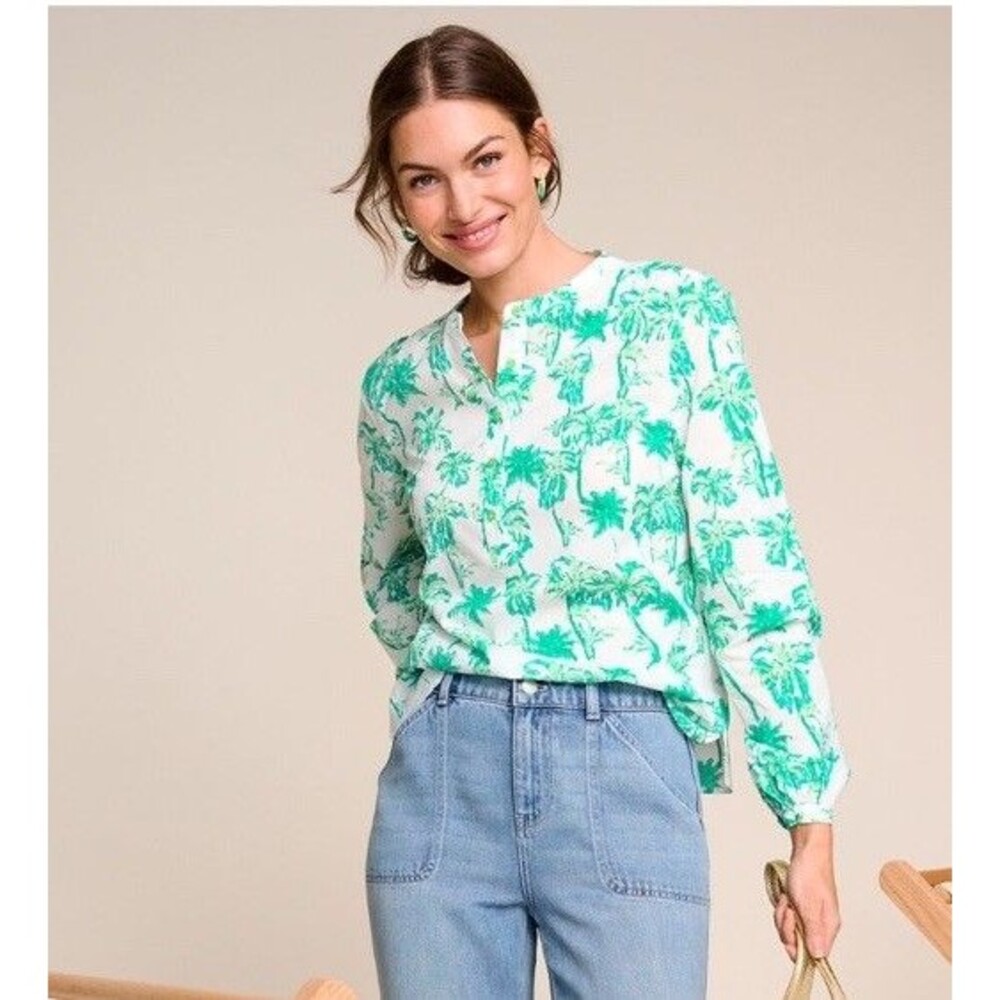 Talbots Womens Shirt Band Collar Popover Palm Tree Roll Tab Sleeve Top Small
